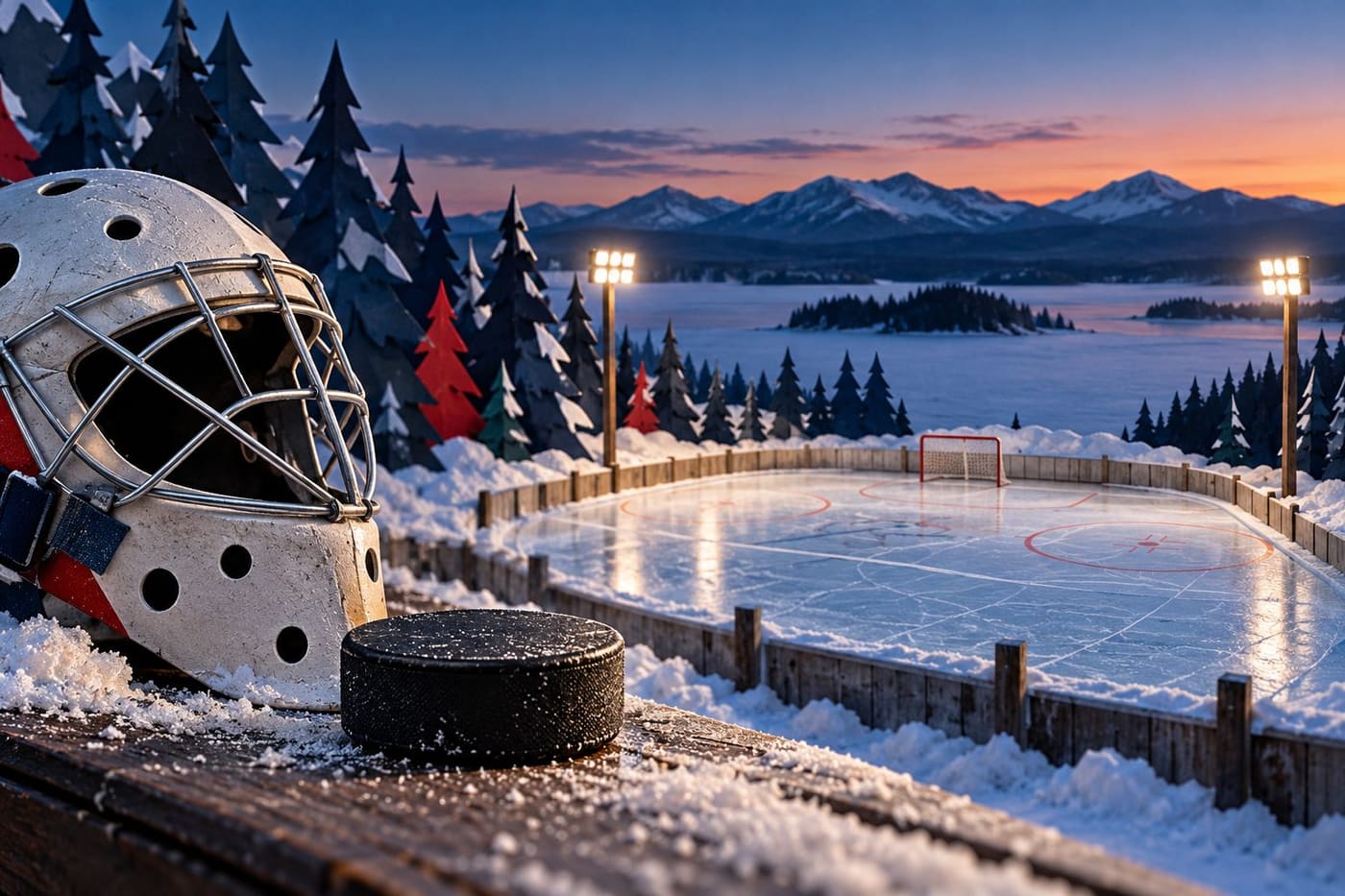 Original conceptual illustration of a generic goalie mask, puck and miniature outdoor rink in an imagined winter landscape; not the actual Heritage Classic venue.