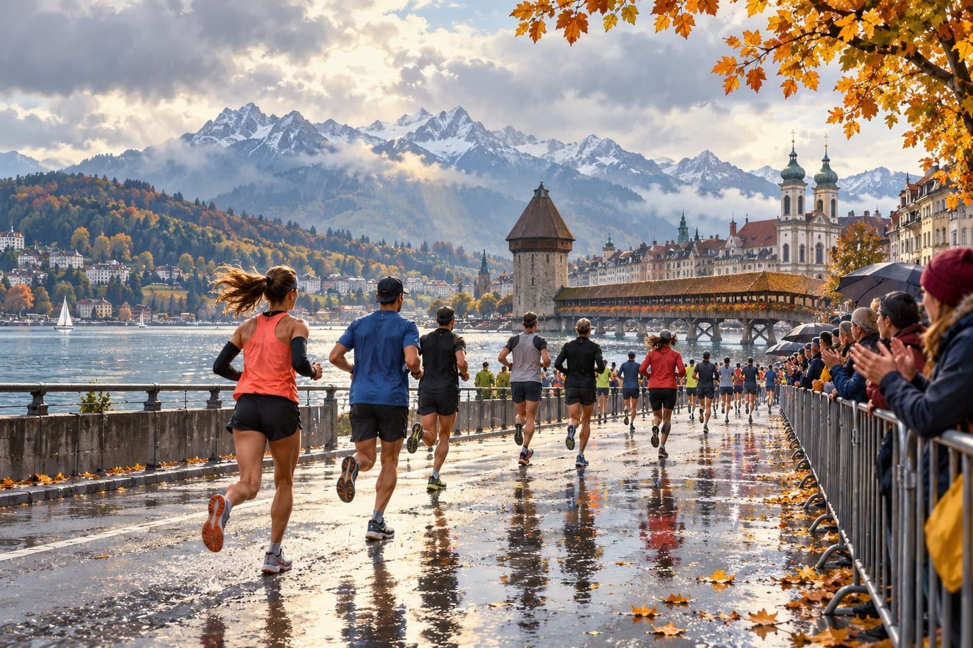 Original conceptual illustration of runners beside Lake Lucerne with Alpine foothills and spectators behind barriers; not documentary race photography.
