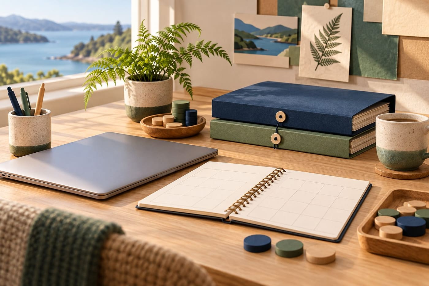 Original conceptual illustration of a New Zealand-inspired planning desk with generic folders, calendar, laptop and wooden tokens; not an official form or guaranteed investment outcome.