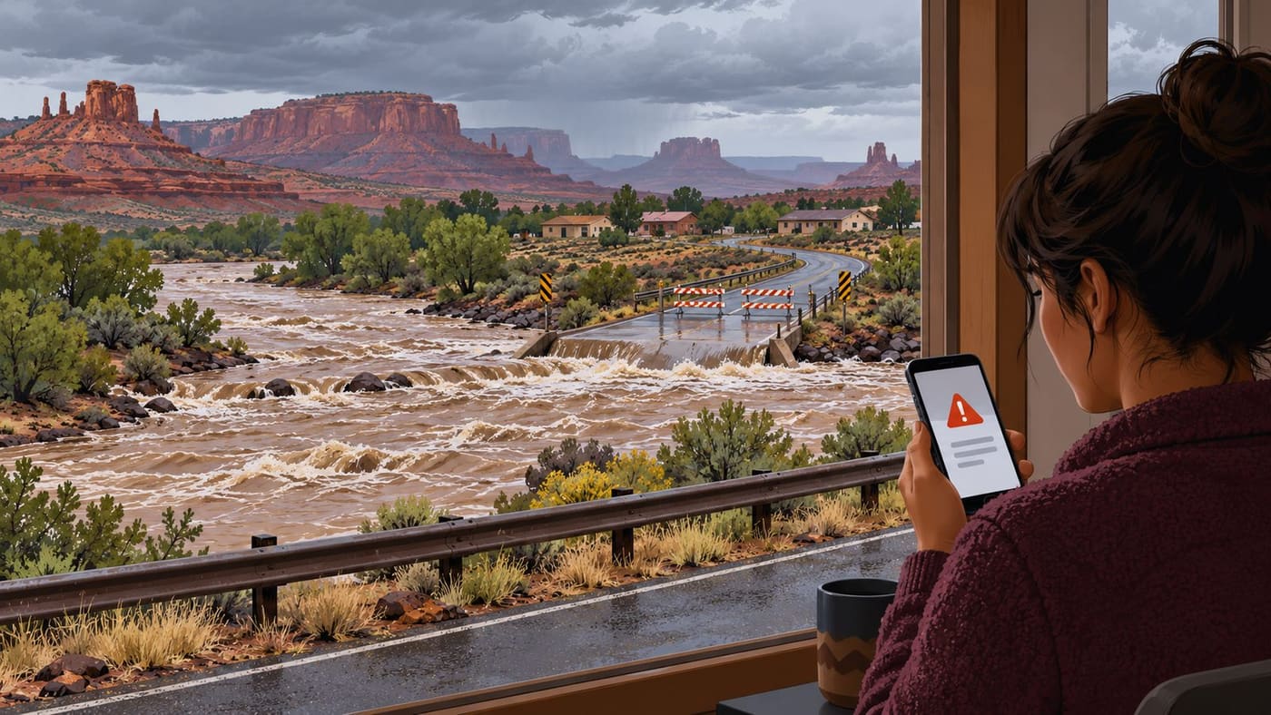 Original conceptual illustration of a person checking a flood alert while a high river crosses a desert road closed by barriers; not a documentary image of a specific event.