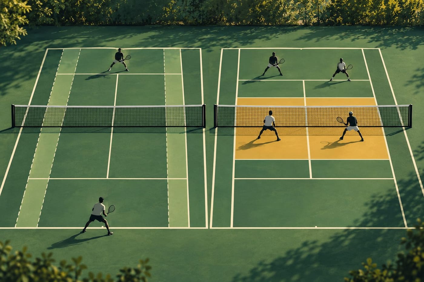 Conceptual editorial illustration contrasting singles court spacing with doubles net positioning; silhouettes are anonymous and do not depict the Osaka match.