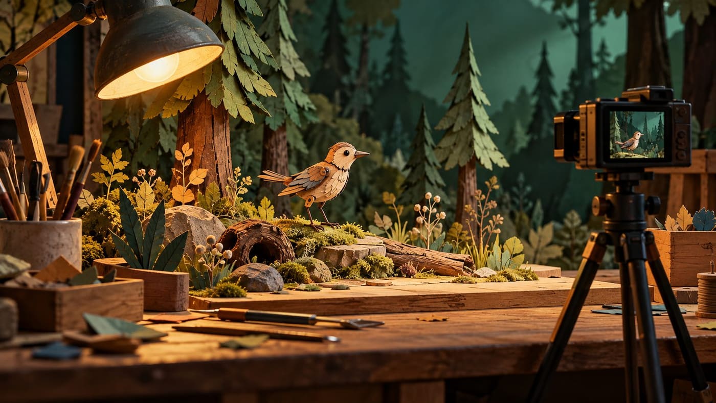 Original conceptual illustration of a miniature woodland, wooden bird puppet and camera on an imagined animation workbench; not a Wildwood scene or LAIKA photograph.
