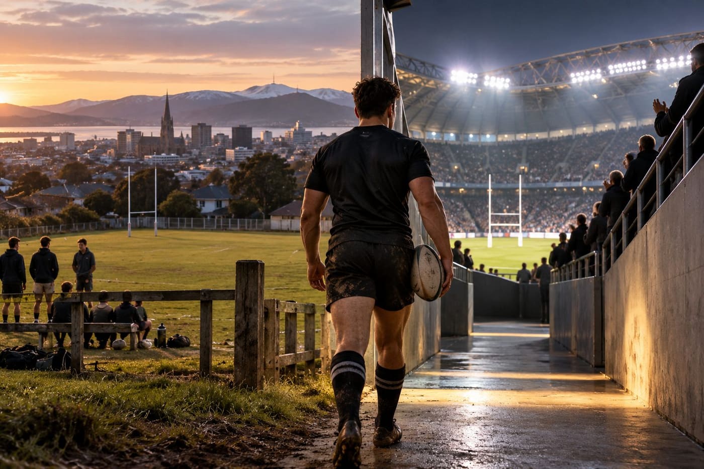 Original conceptual illustration of an unbranded rugby league forward entering a lit stadium from a neighborhood training field; not a depiction of Tanner Stowers-Smith or the actual match.