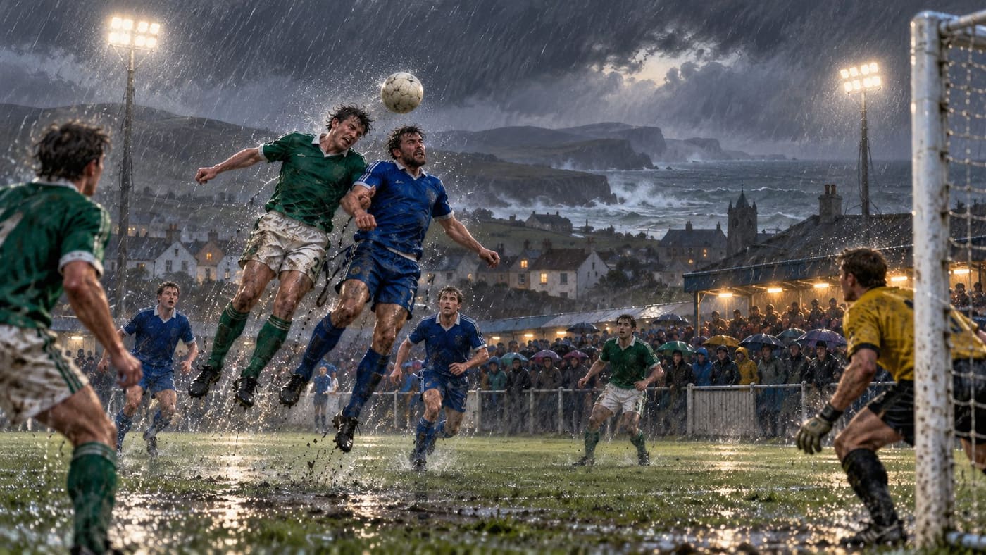 Conceptual illustration of fictional green- and blue-shirted football teams contesting a header in rain at an Irish ground; generated art, not a match photograph.
