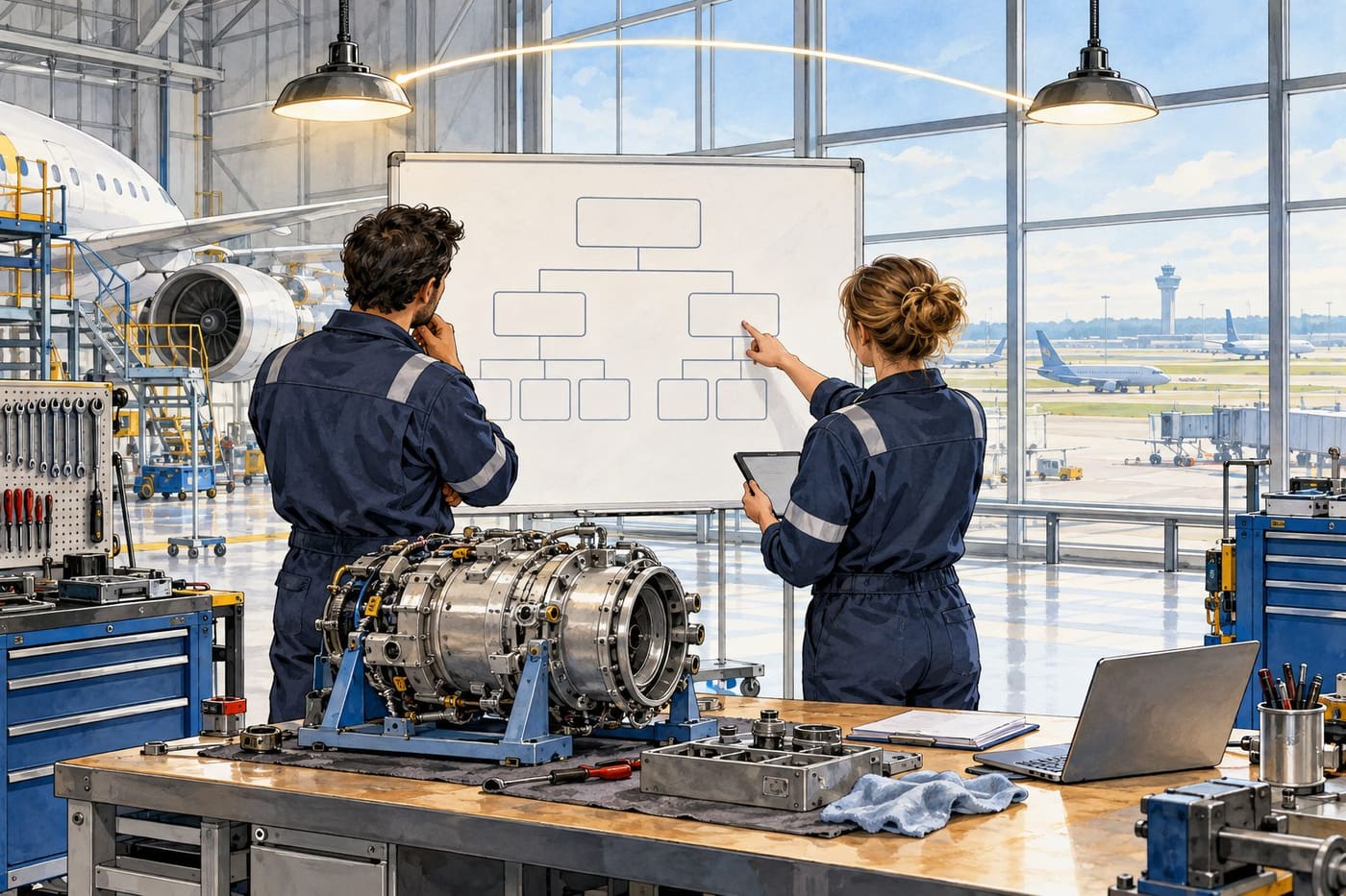 Original conceptual illustration of two anonymous aviation maintenance workers reviewing a blank organizational chart in a generic airport workshop; it does not depict KLM employees or an actual company proposal.