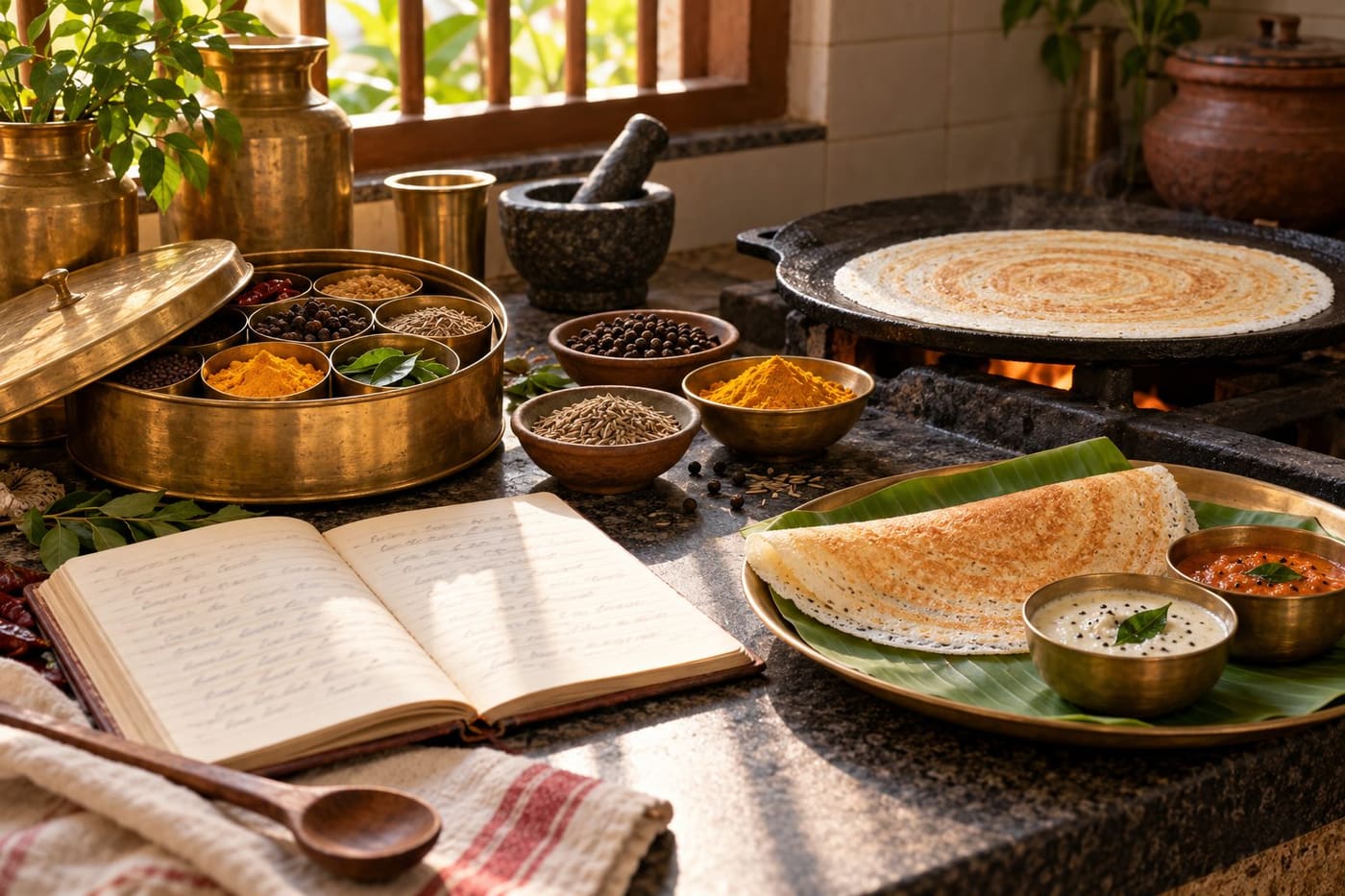 Original conceptual still life of a South Indian kitchen with spices, a dosa griddle, plated dosa and an unreadable recipe notebook; no person or historical event is depicted.