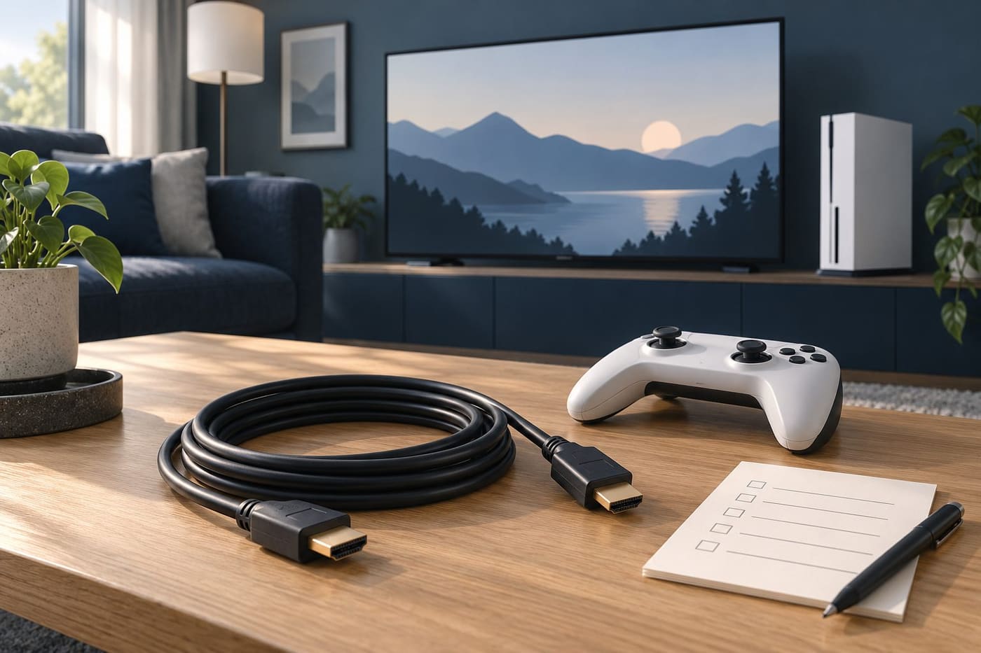 Original conceptual illustration of an unbranded controller, HDMI cable and checklist in a living room; not a photograph of tested PlayStation hardware.