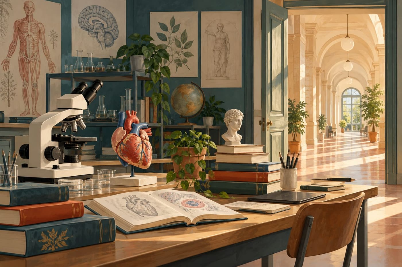 Original conceptual illustration of health-science teaching materials, books and a university corridor; not an actual class or official programme diagram.