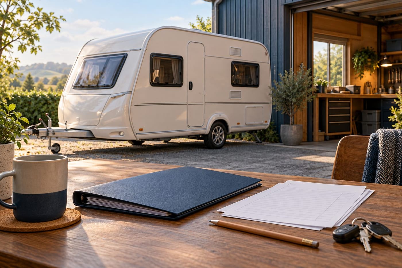 Original conceptual illustration of an unbranded caravan beside a workshop with purchase paperwork and keys; not the company premises.
