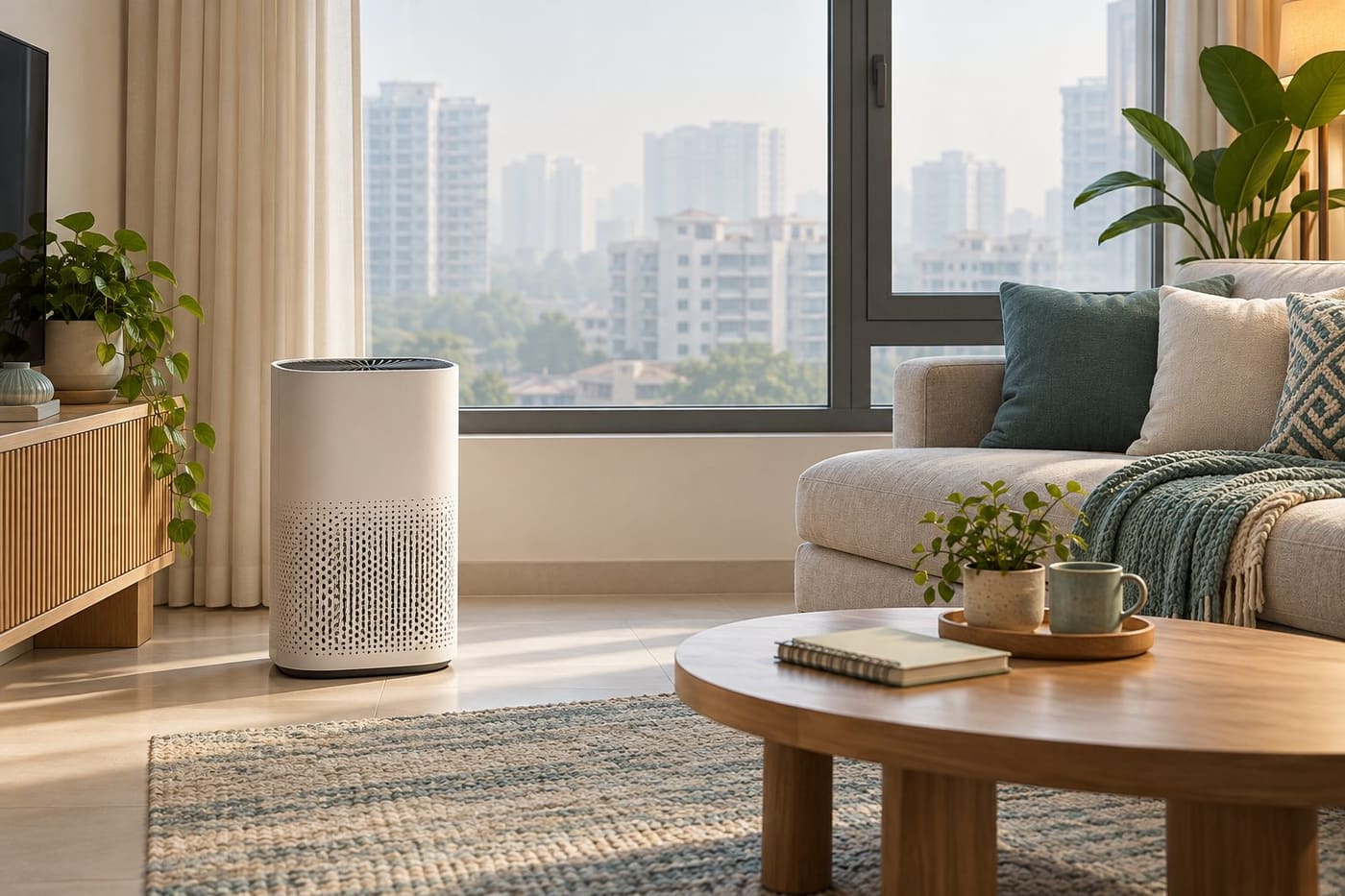 Original conceptual illustration of an unbranded air purifier in a fictional Singapore apartment with closed windows; not a photograph of current haze conditions.