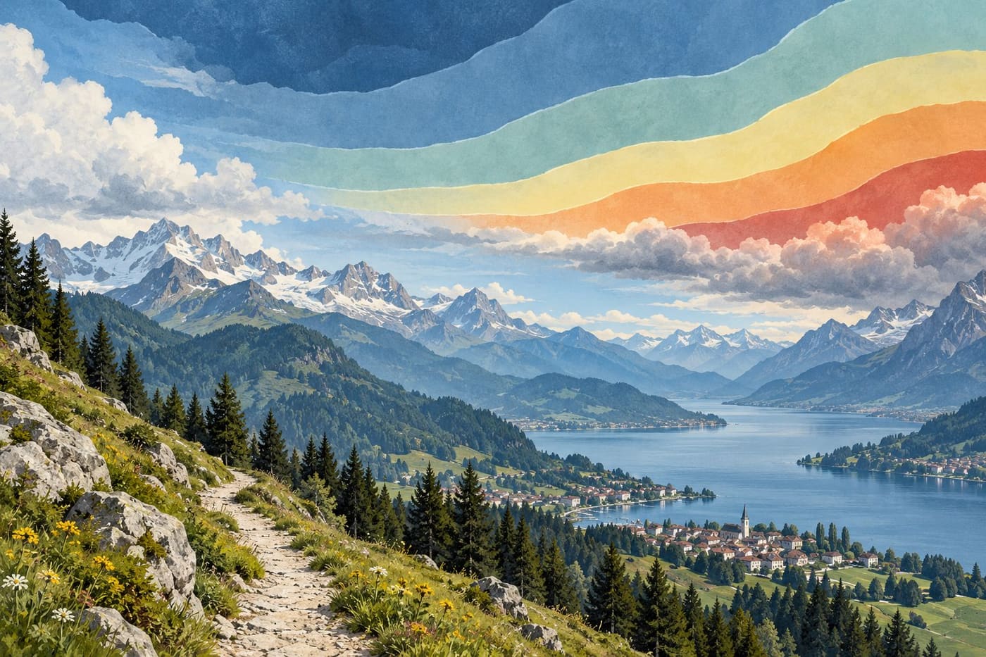 Original conceptual gouache illustration of an alpine Swiss valley beneath five unlabelled bands of changing sky colour; not an official warning map or a current weather report.