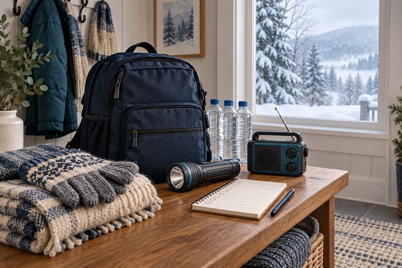 Original conceptual illustration of a household preparation bag, flashlight, radio, water and planner beside a snowy window; not a photograph of a current storm.