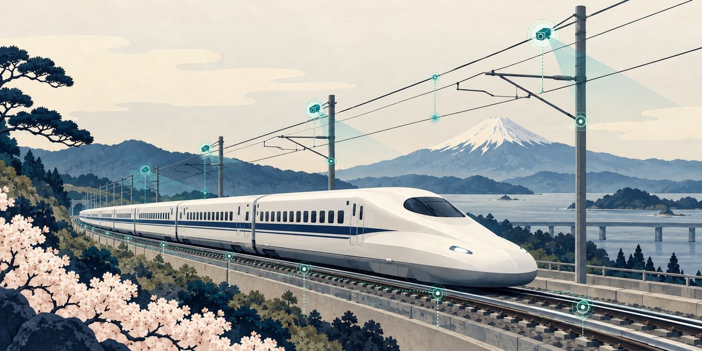 Original conceptual illustration of a generic high-speed train with teal measurement points beside rails and overhead wires; not an actual Doctor S train photograph or sensor-placement diagram.