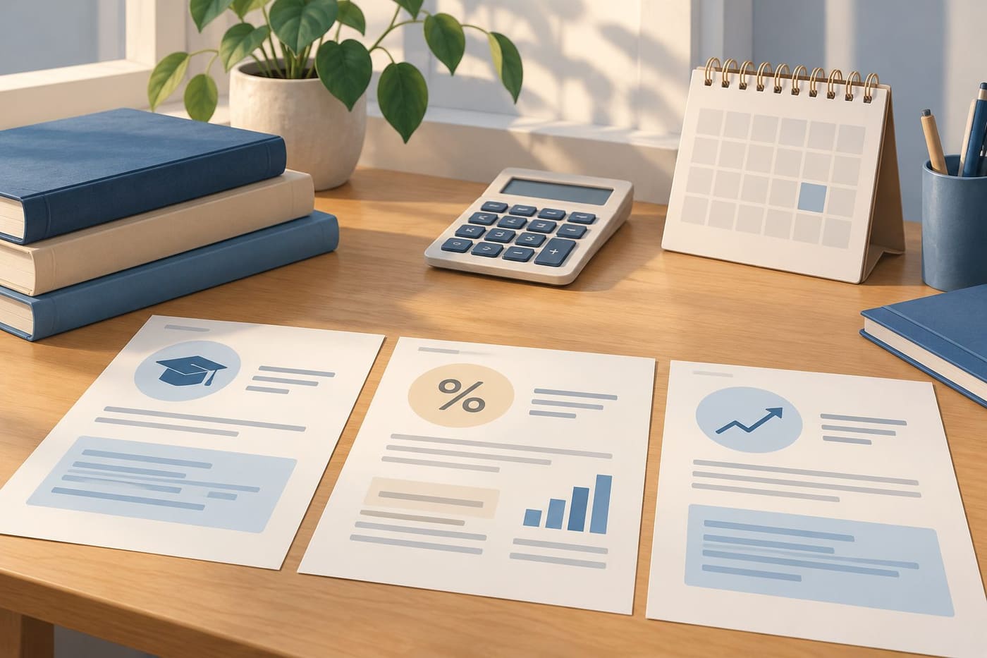 Original conceptual illustration of textbooks, a calculator and abstract financial documents; not an official DUO statement or a real account.