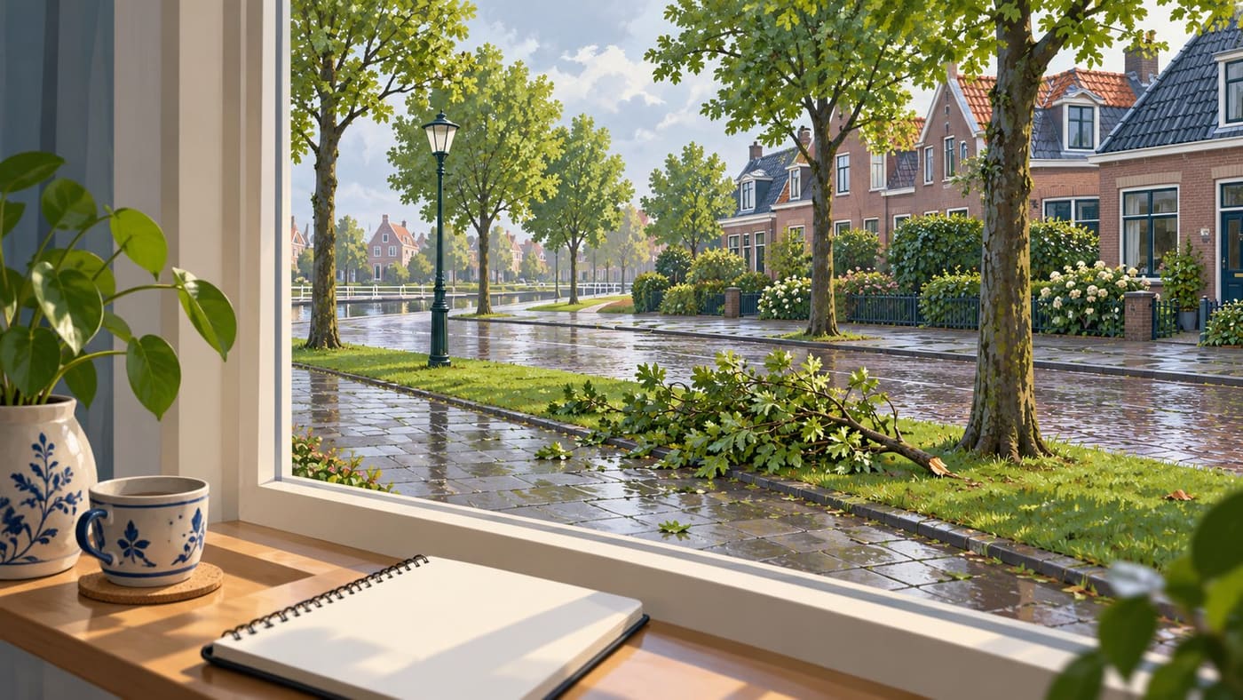 Original conceptual illustration of a fallen branch on an imagined Dutch street, viewed safely from indoors beside a blank notebook.