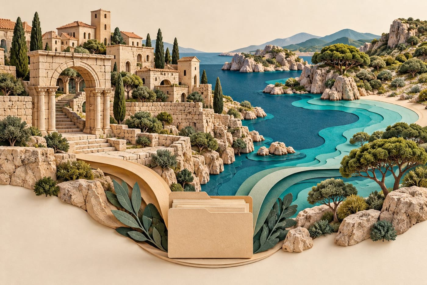 Original conceptual diorama of generic historic buildings and a coastal landscape; not a real World Heritage site or UNESCO endorsement.