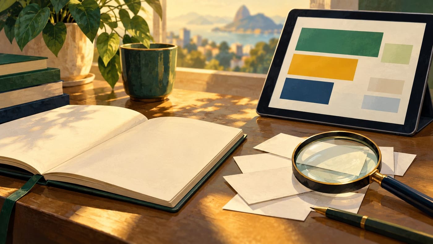 Original conceptual illustration of a blank notebook, magnifying glass and abstract tablet display on a desk; not an official election screen.