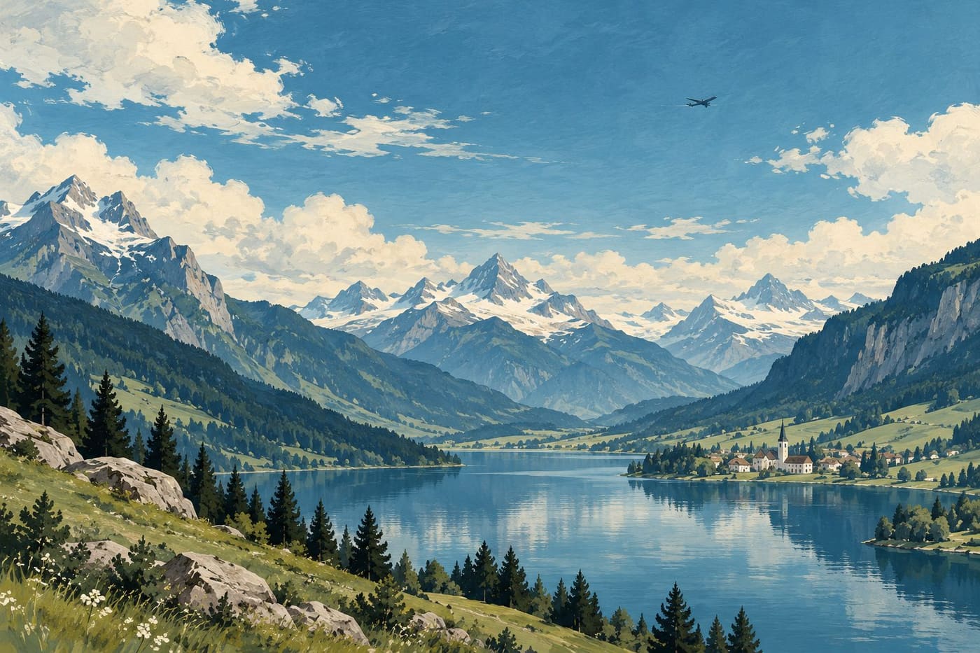 Original conceptual illustration of a small unmarked aircraft silhouette high above an imaginary Swiss valley, not real flight photography or a measured shock-wave map.