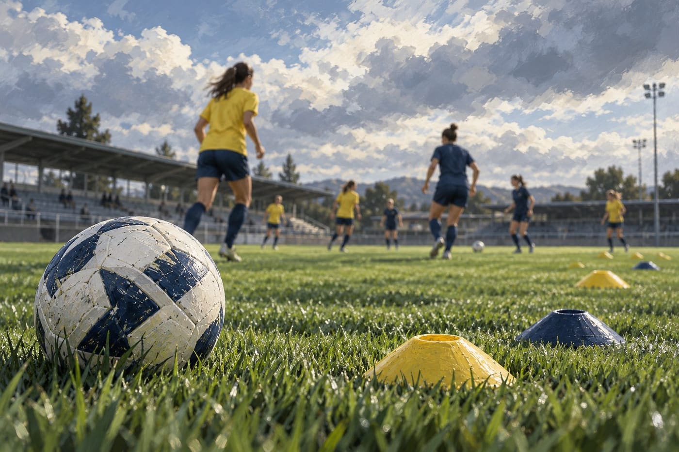 Original generated illustration of a generic women's football training pitch, with a ball and cones in front and anonymous players in the distance; not the actual fixture.