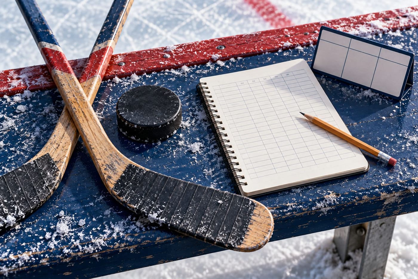 Original conceptual hockey still life with puck, sticks, notebook and blank scoreboard card; not a photograph of the Maple Leafs–Flames match.