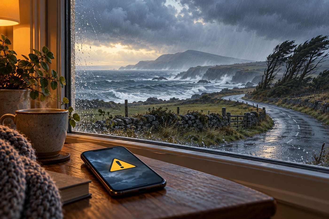 Original generated conceptual illustration of a stormy Irish-style coast viewed from a sheltered room, with a generic yellow warning symbol on a phone; not an actual incident photograph.