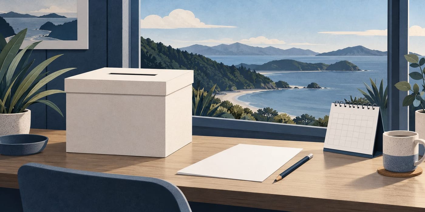 Original conceptual illustration of an unmarked ballot box, blank paper and calendar beside a New Zealand coastal view; not an official voting document.