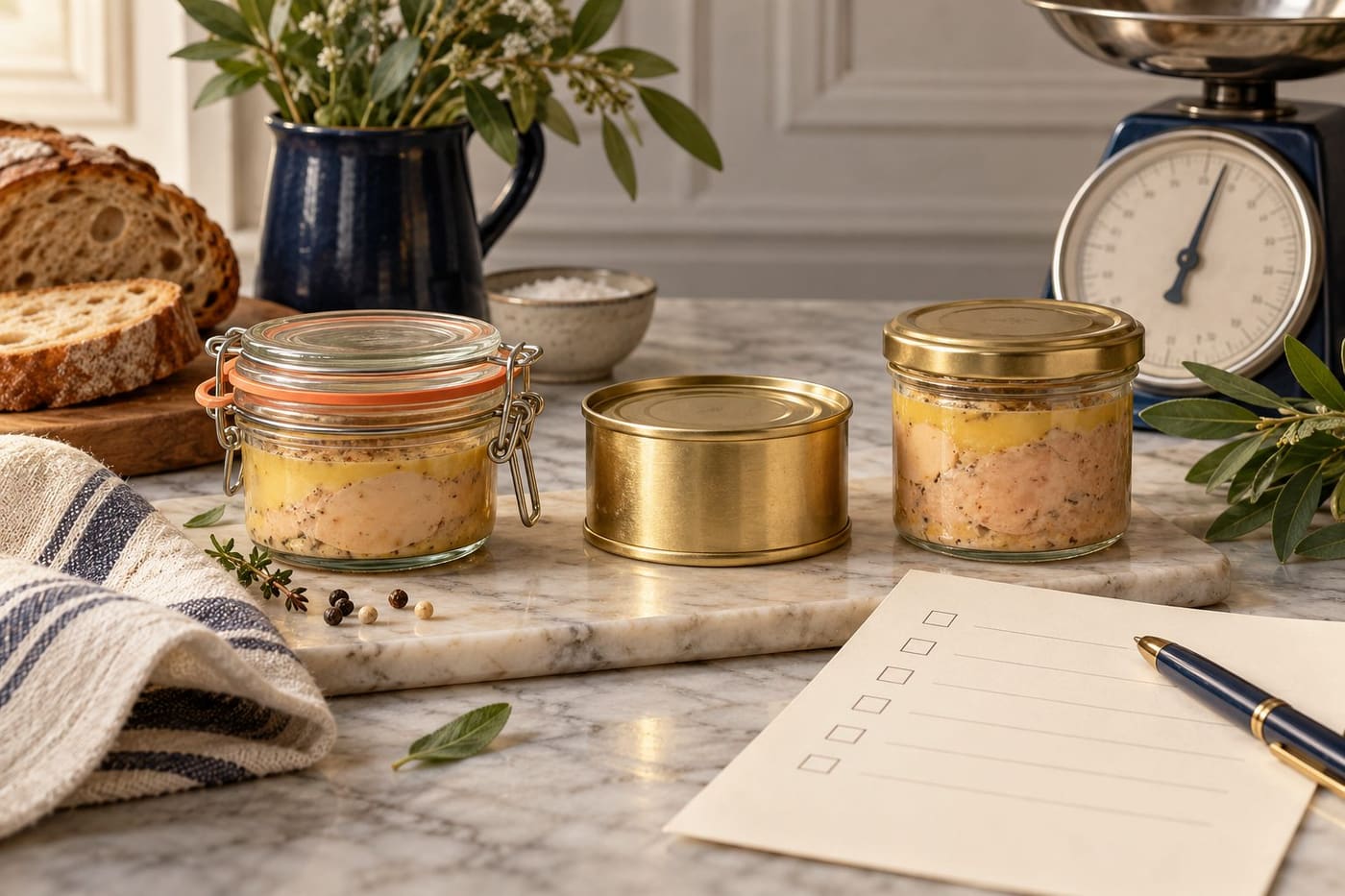Original conceptual illustration of unbranded food jars and a tin beside bread, a kitchen scale and a blank shopping checklist; not tested products.