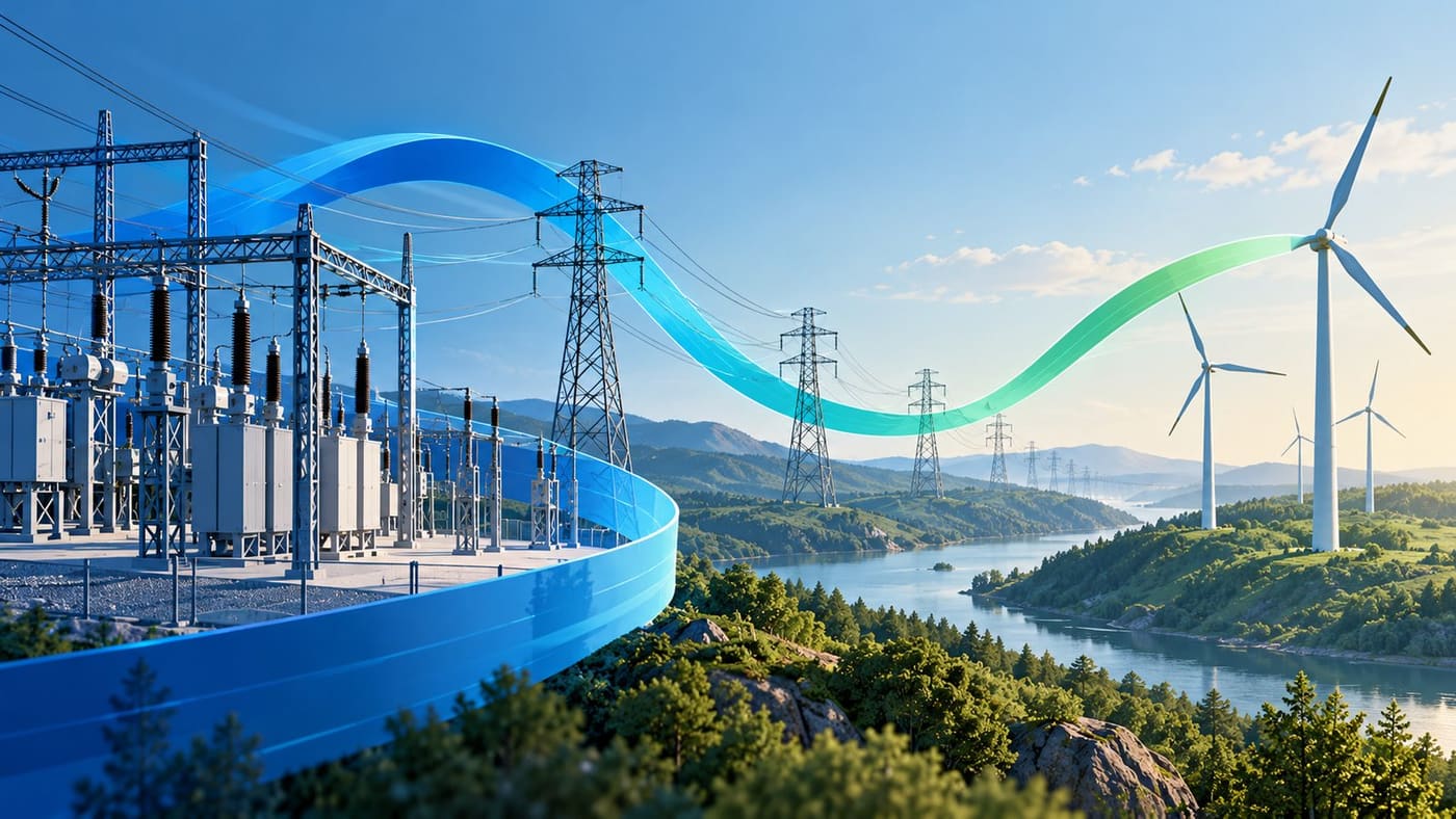 Original conceptual illustration of European energy infrastructure with a gradual abstract shift in visual identity; no company logos, actual equipment or specific project is depicted.