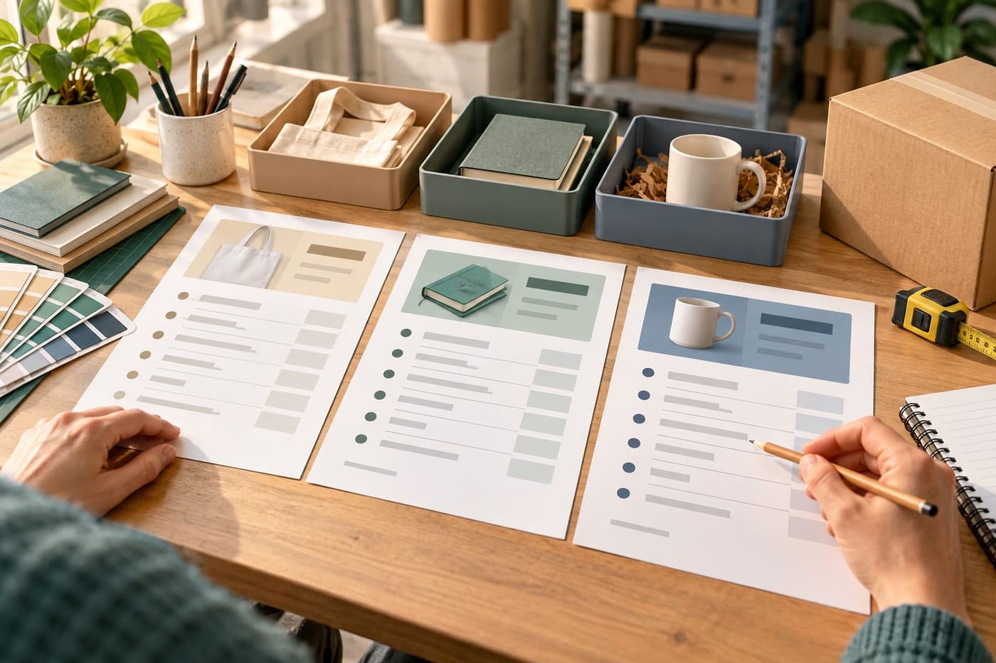 Original conceptual illustration of blank supplier quotation sheets, sample trays, a delivery box and measuring tape in a fictional workshop; not real offers or invoices.