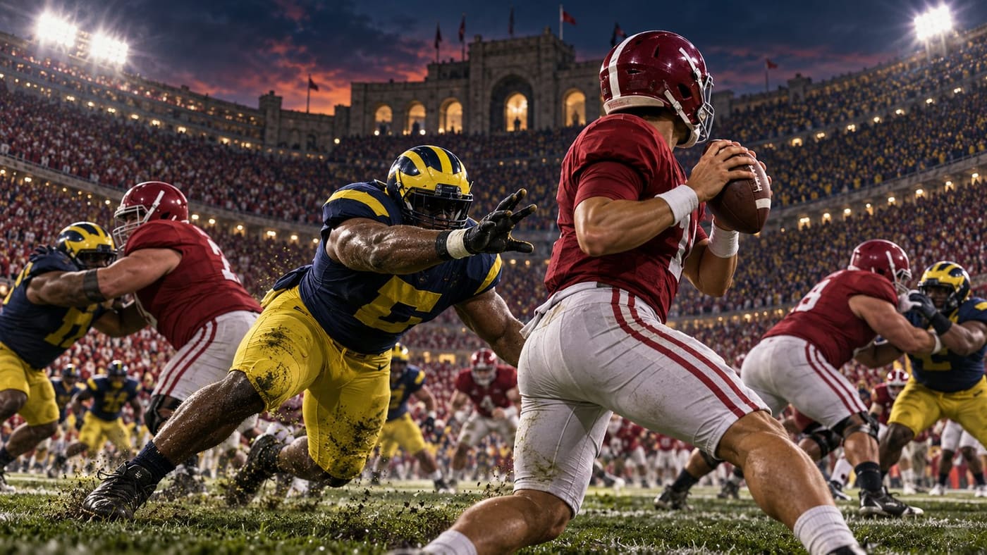 Conceptual illustration of anonymous crimson and maize college football players contesting a late play under stadium lights; generated artwork, not the real teams or game.