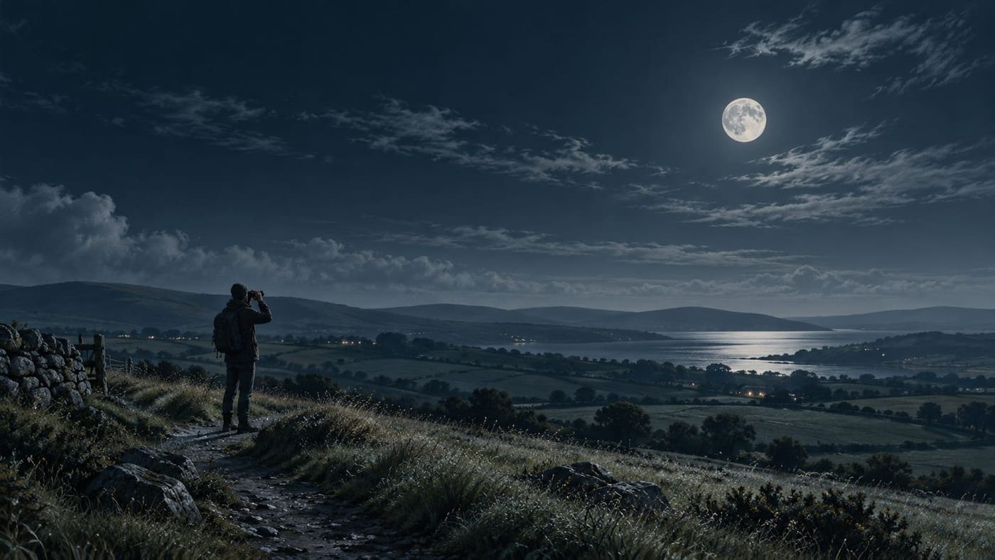 Generated illustration of a moonlit Irish countryside with a person observing the sky.