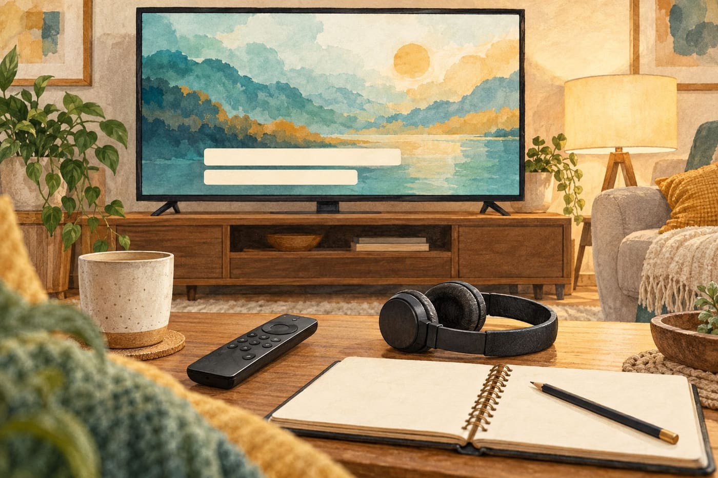 Original conceptual illustration of a generic television with abstract scenery and blank caption bars, headphones, remote and notebook; not a film still or actual streaming interface.
