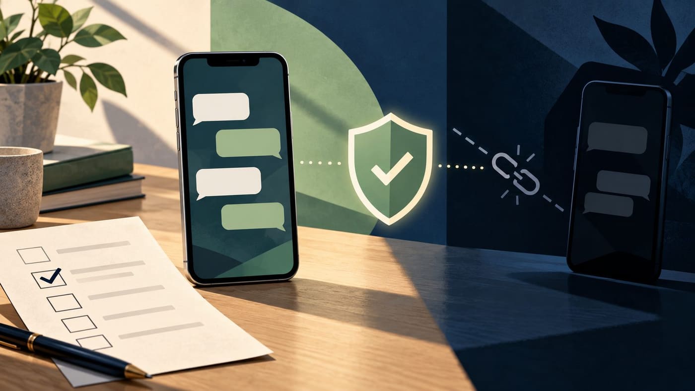 Original conceptual illustration of blank chat bubbles, a voting ballot and a protective shield between two devices; not a real WhatsApp interface or incident screenshot.