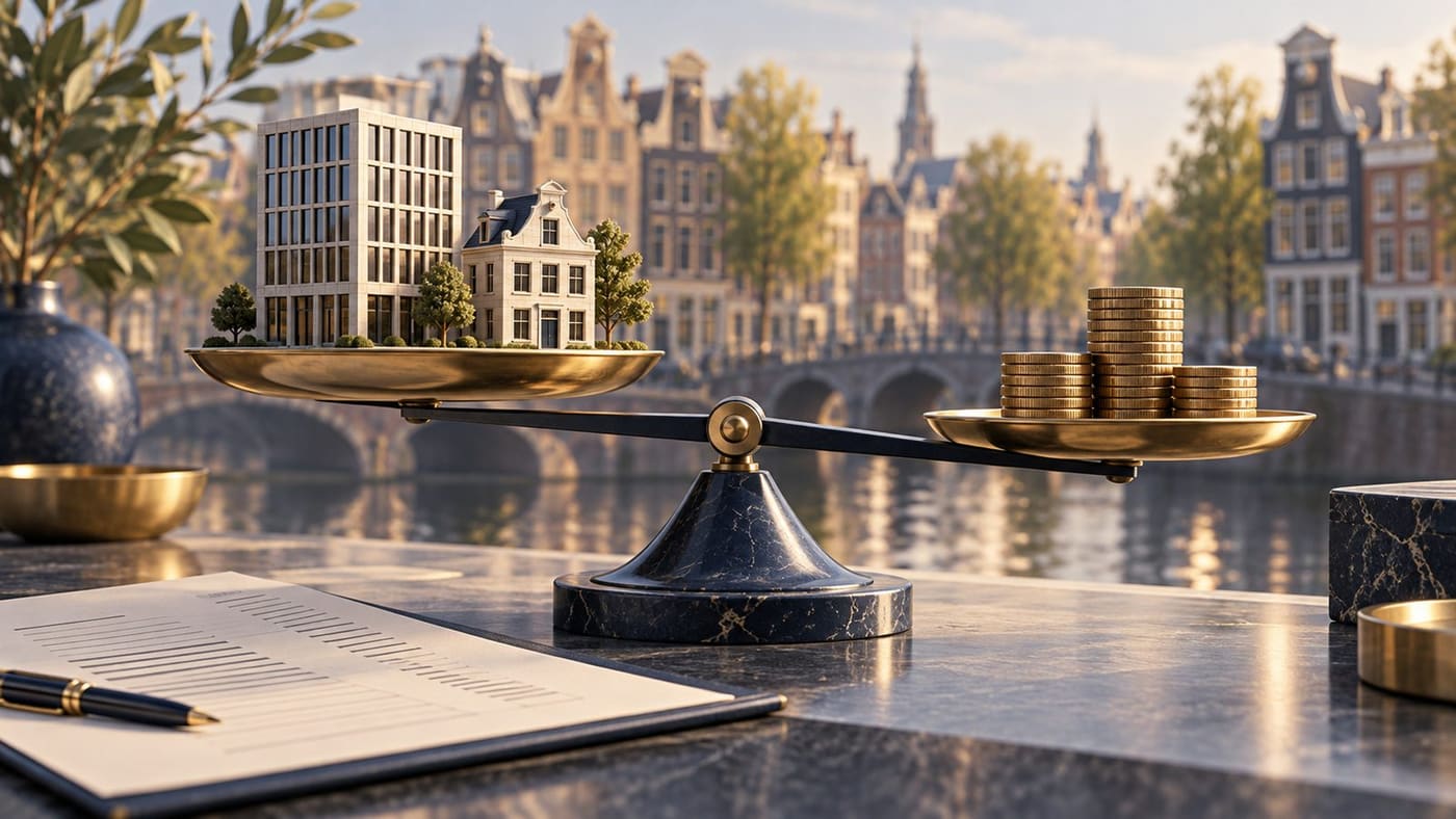 Original conceptual illustration of a balance, miniature buildings and plain coins representing different asset types; not a listed person's property.