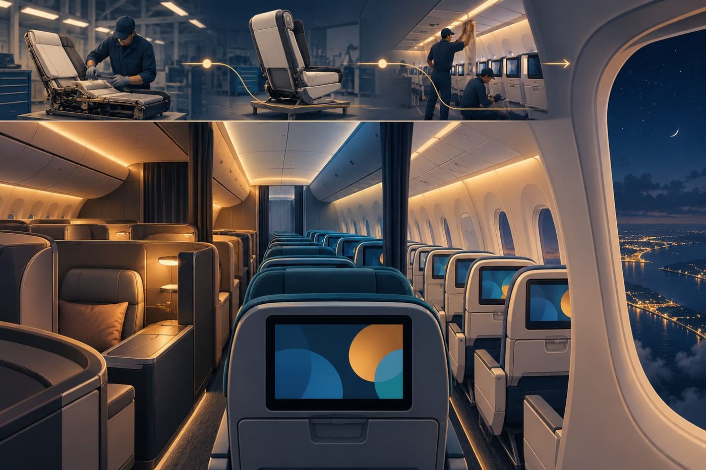 Original conceptual illustration showing an unbranded aircraft cabin and a seat refurbishment workshop, representing the planned A350 retrofit; not an actual Singapore Airlines cabin.