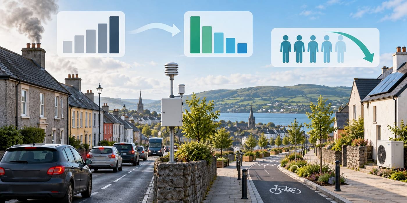 Original conceptual illustration of an Irish town, an air-quality monitor, homes and transport; not a real monitoring location or measured dataset.