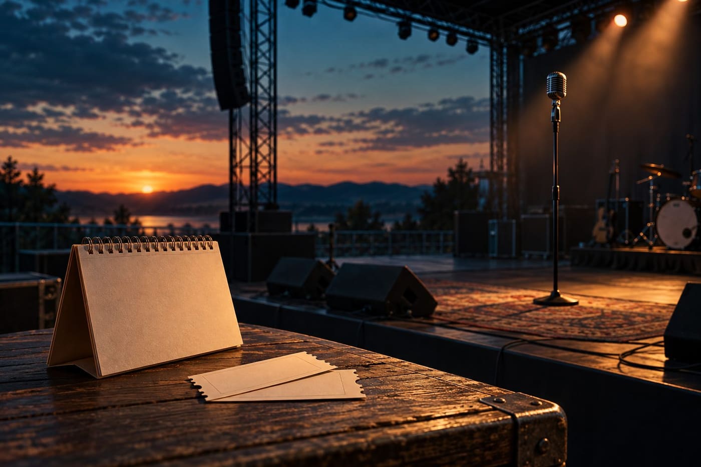 Original conceptual illustration of an empty concert stage with a microphone, blank calendar and tickets; not a real Tom Jones event photograph.