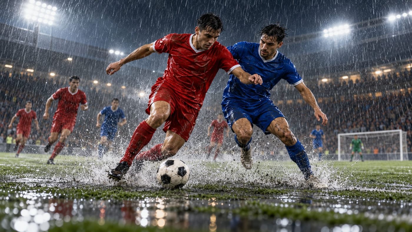 Conceptual editorial illustration of generic unbranded footballers playing in heavy rain under floodlights; not a photograph or depiction of the ADO–Heerenveen match.