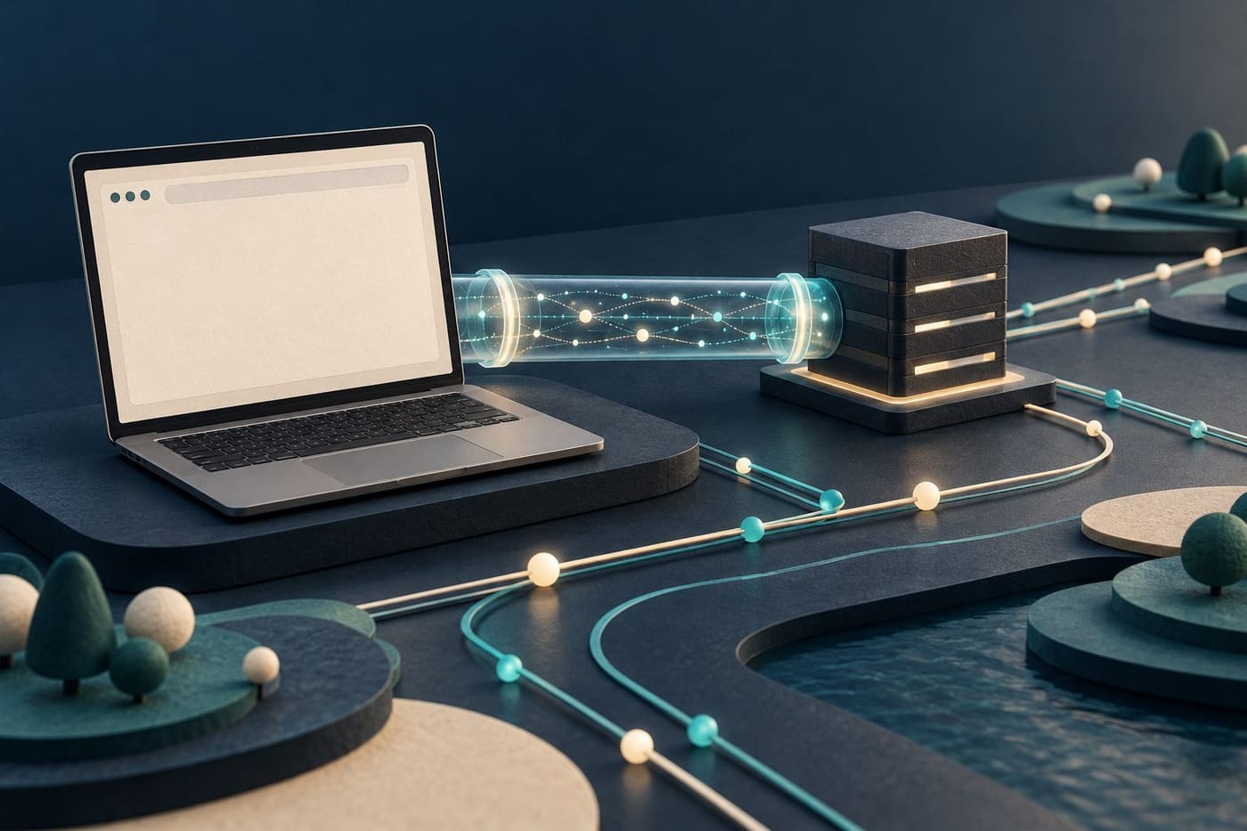 Original conceptual illustration of a laptop linked through a translucent tunnel to an abstract DNS server; not actual traffic.
