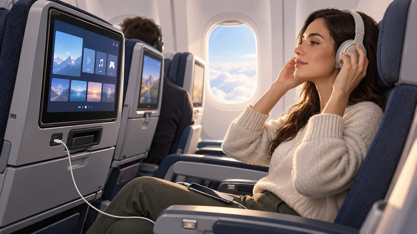 Original AI-generated conceptual illustration of a passenger using a generic seatback entertainment screen and personal headphones; it does not depict an actual Singapore Airlines cabin.