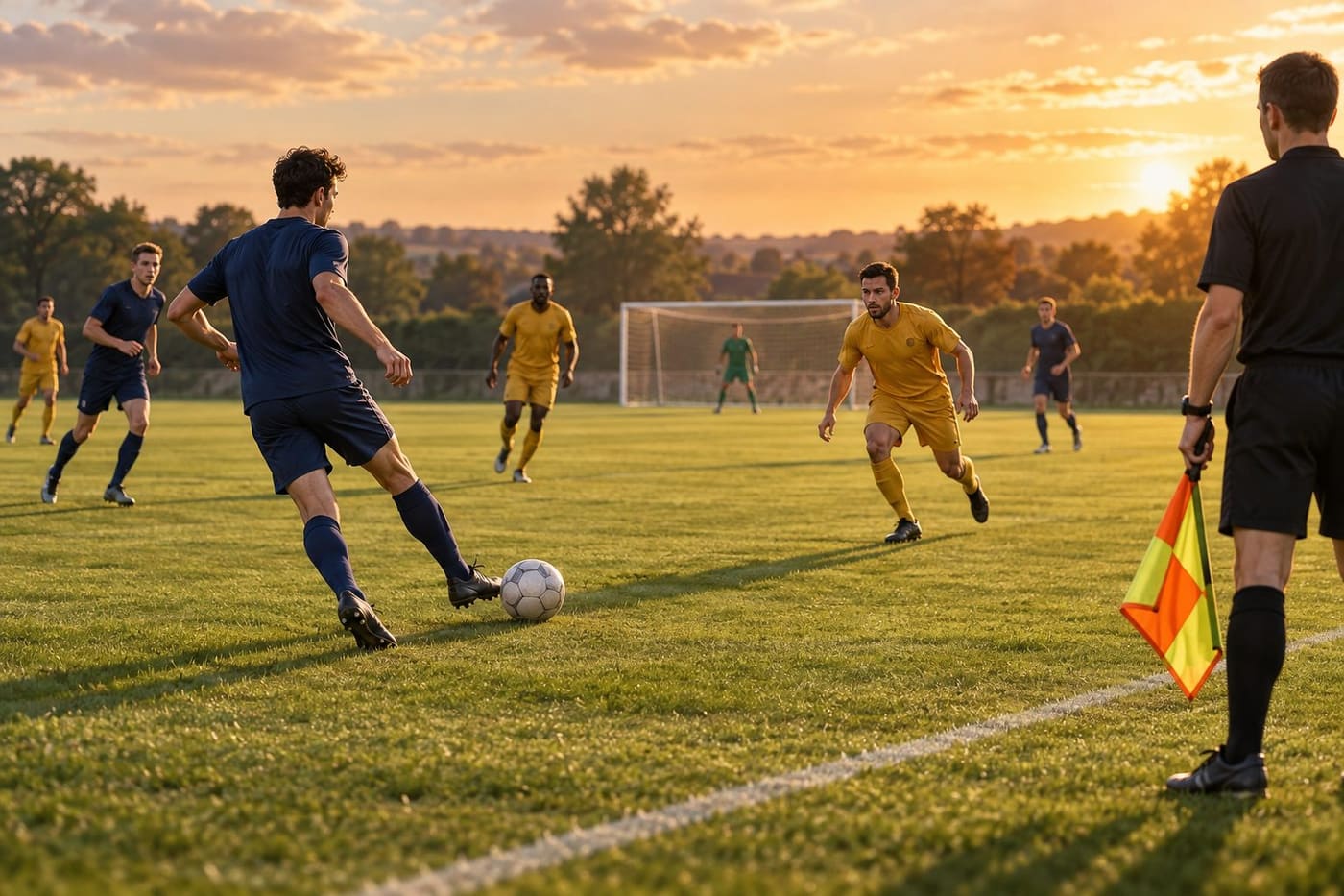 Original conceptual football illustration with adults in plain kits and an assistant official near the touchline; not a real match or a calibrated offside diagram.
