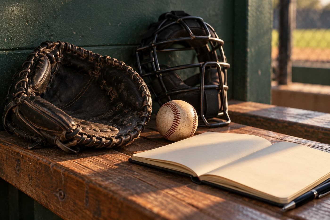 Original conceptual illustration of unbranded catcher equipment, a baseball and a blank notebook on a wooden bench; not Takuya Kai or a real club signing.