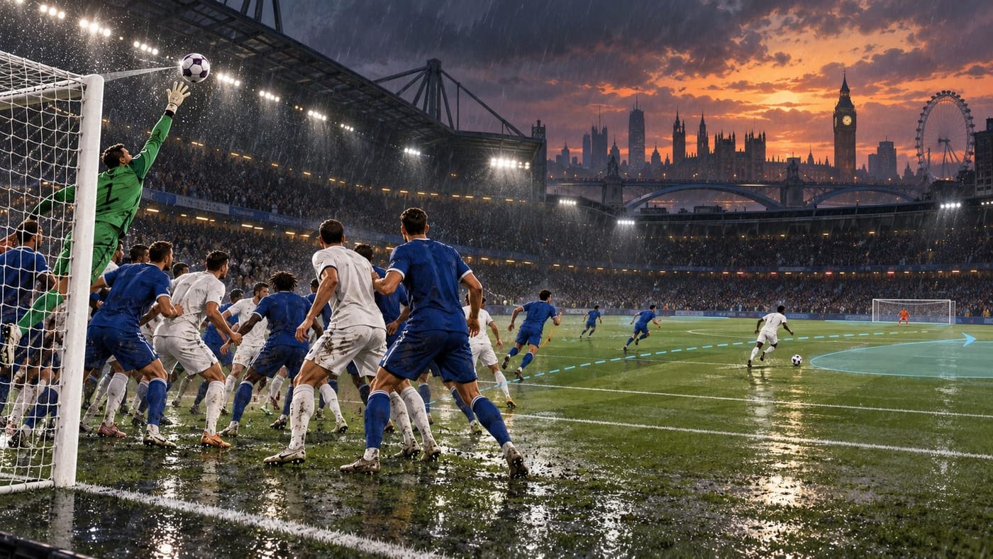 Original conceptual illustration of an unbranded, rain-soaked London football derby: a goalkeeper reaches for a corner while a counterattack opens space upfield; it does not depict the actual players or match.