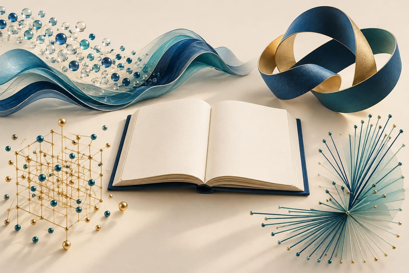 Original conceptual illustration of waves and spheres, a looping ribbon, a point lattice and radiating rods around a blank notebook; not an official medal or published theorem diagram.