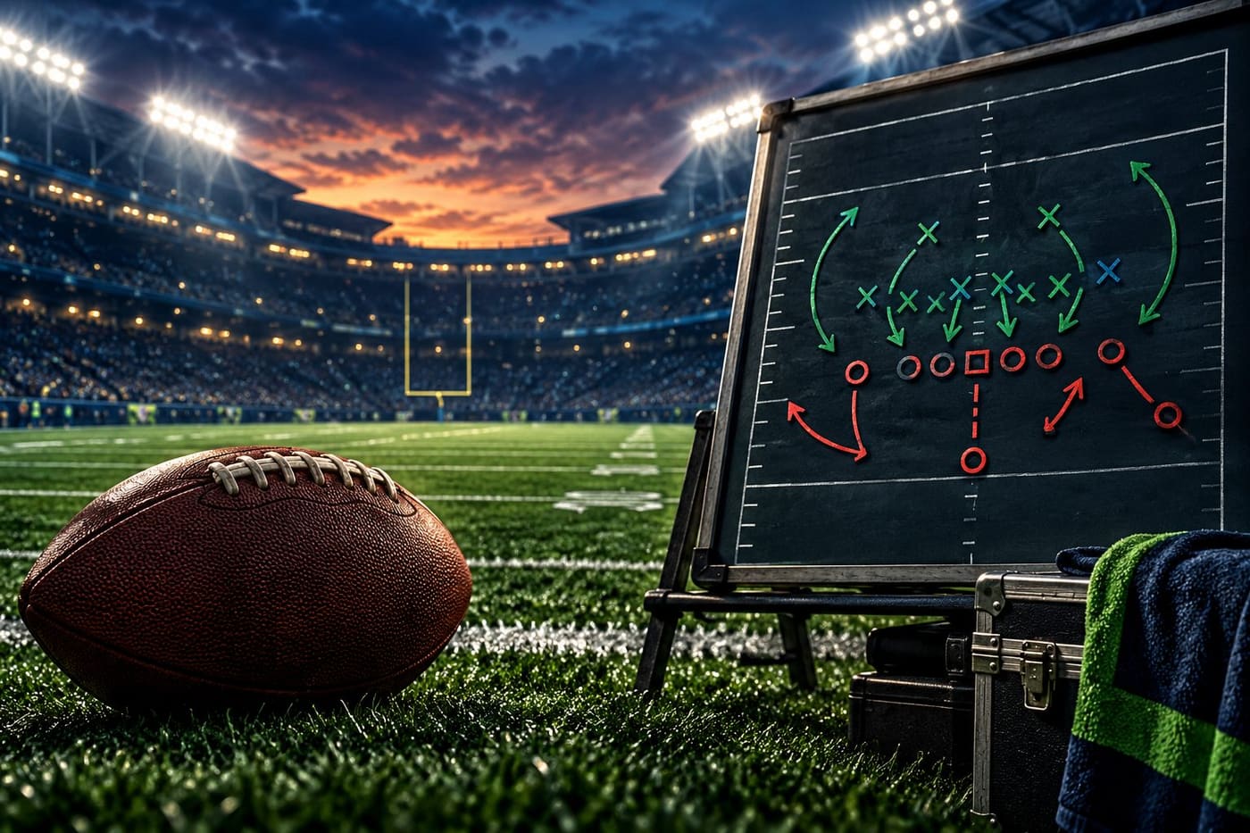 Original conceptual illustration of an unbranded football and abstract tactics board in a generic night stadium; not a photograph of the Seahawks–Chiefs game.