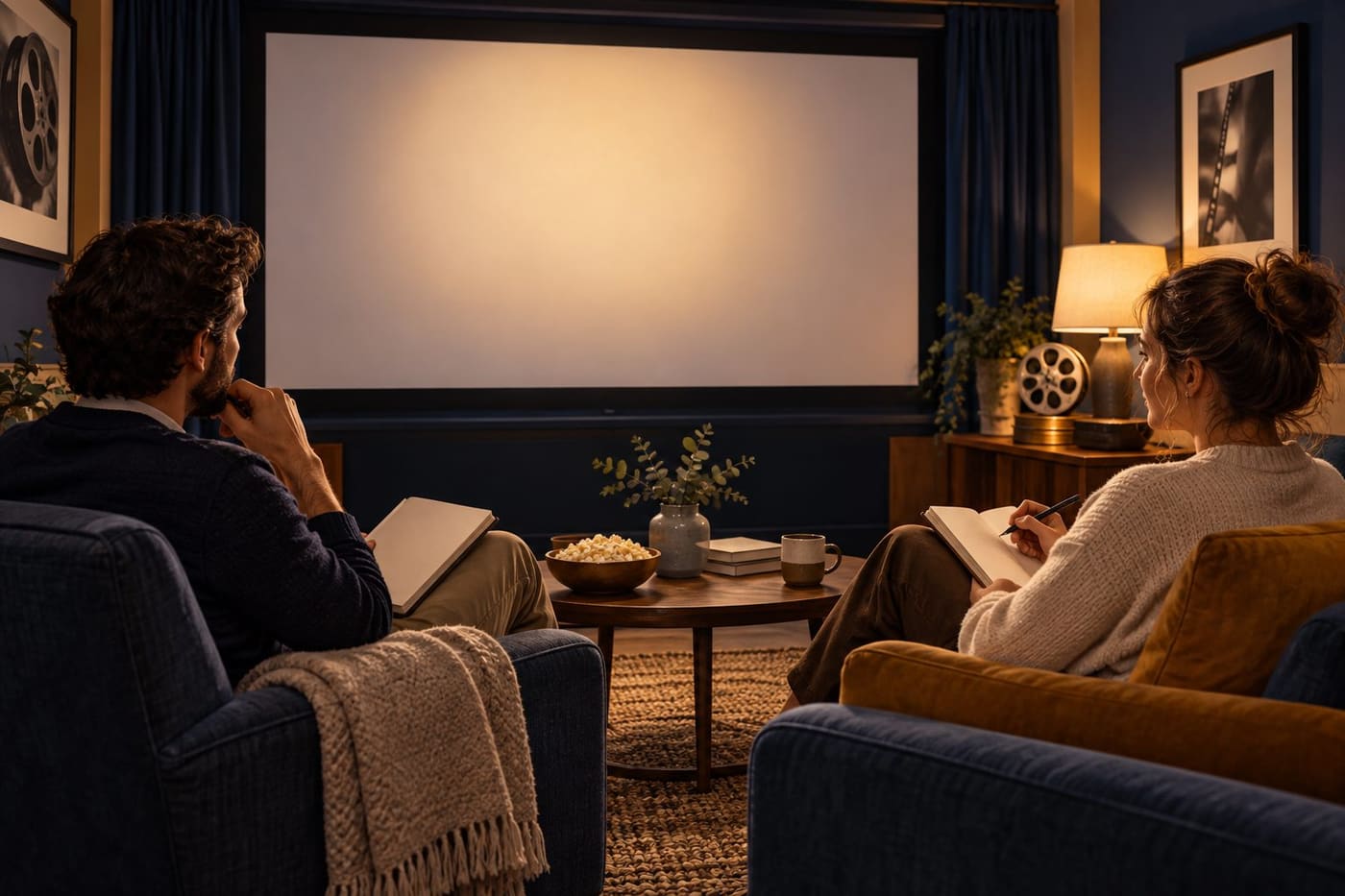 Original conceptual illustration of two adult viewers with notebooks in a small screening room; no real film still or actual screening.