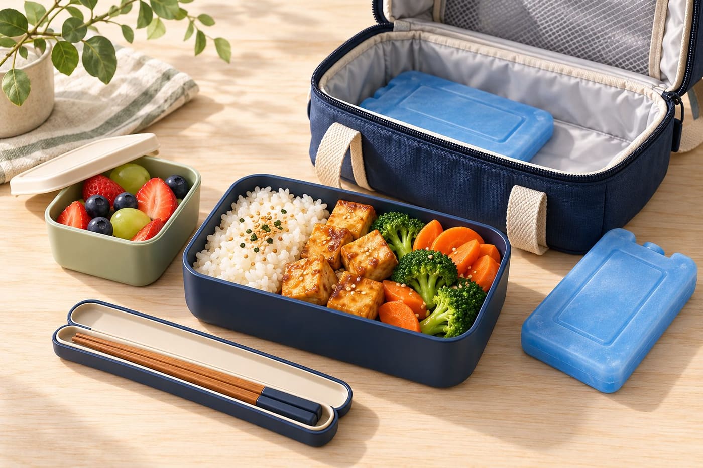 Original conceptual illustration of rice, tofu and vegetables in a bento box, separate fruit, chopsticks, an insulated bag and two blue cold packs; not a tested recipe or safety certification.