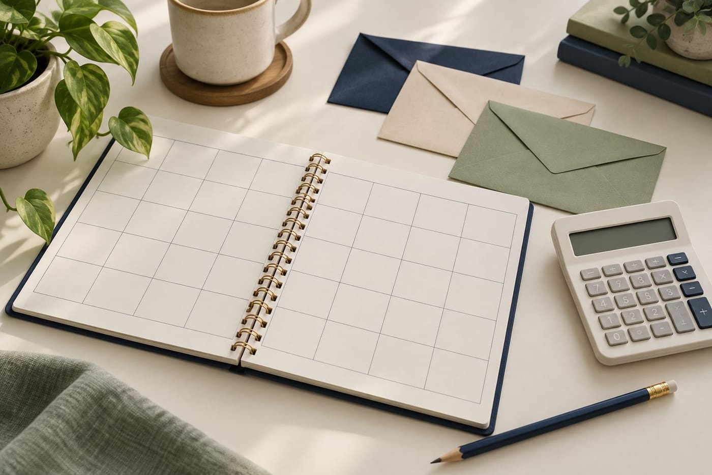 Original conceptual illustration of a blank household calendar, calculator and envelopes; not a financial statement or promised result.