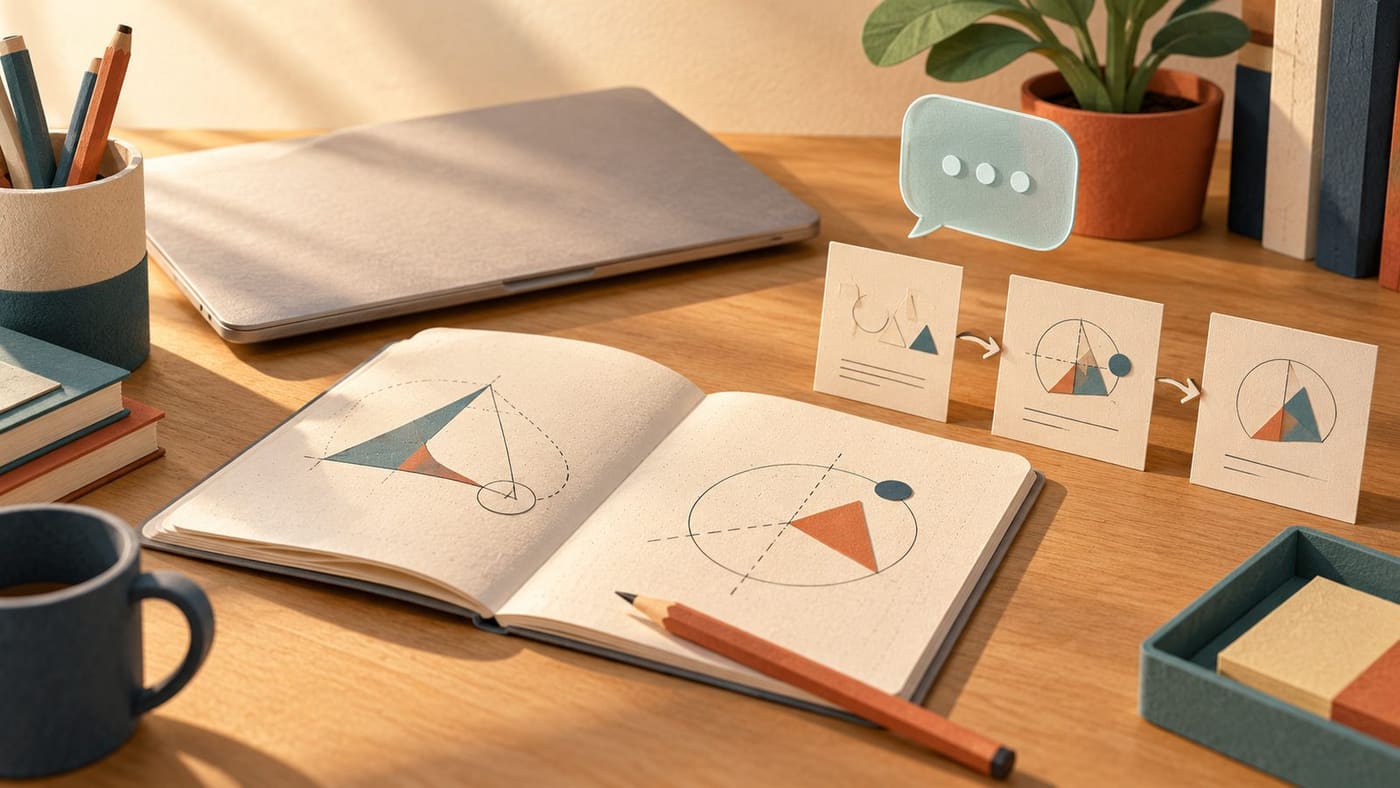 Original conceptual illustration of a closed laptop, geometric study notebook, revision cards and speech bubble on a desk; not actual student work or a university classroom.