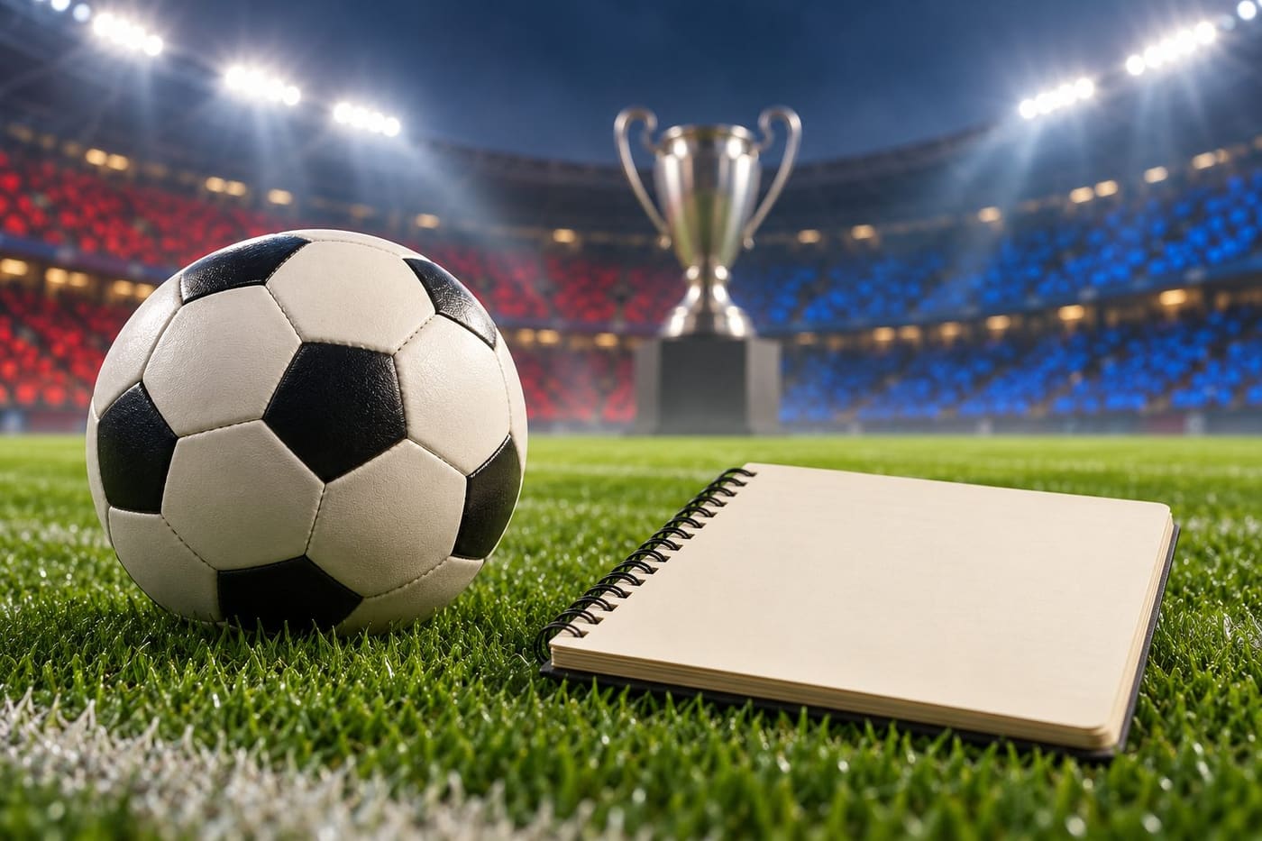 Original conceptual illustration of a generic football, blank match notebook and unbranded cup form under stadium lights; not match or trophy photography.